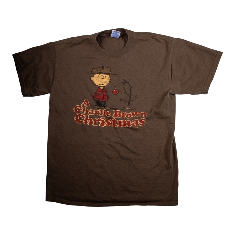 Men's Charlie Brown Xmas T Shirt Size Large Brown Short Sleeve Crew Neck Cotton
